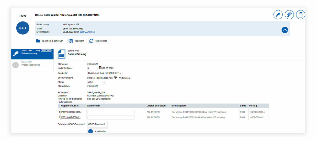 Figure 2: Employees can be informed of necessary follow-up tasks after a data check via easysquare workflow, where they can jump directly into processing. Datenqualitätsprozess in easysquare workflow erleichtern notwendige Folgeaktivitäten durch eine Datenprüfung