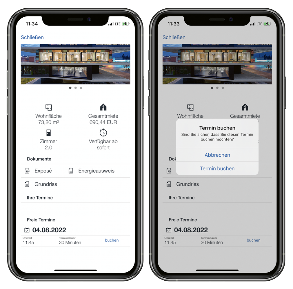 Komfortable Terminbuchung zur Wohnungsbesichtigung in der easysquare Interessenten-App