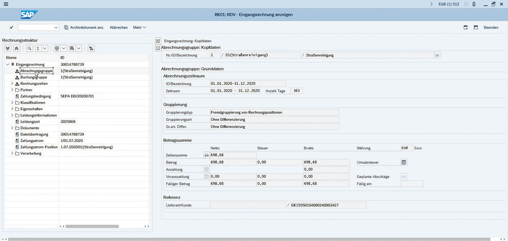 Figure 1: After importing an invoice, details of the incoming invoice can be viewed here, such as the structure according to the billing groups. Struktur der Abrechnungsgruppen in der digitalen Rechnungseingangsverarbeitung mit Aareal Bank und PROMOS consult