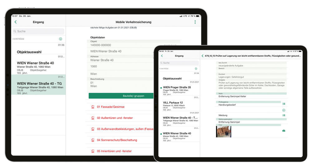 Figure 2: Property inspectors see their inspection tasks in the easysquare app and can process them there step by step. Issues requiring action can be documented directly in the app, which automatically generates a message in SAP ® when the data is sent. Die easysquare Professional App als ideale Ergänzung zur Erledigung der Prüfaufgaben im Rahmen der Verkehrssicherungspflichten vor Ort im BUWOG Bestand