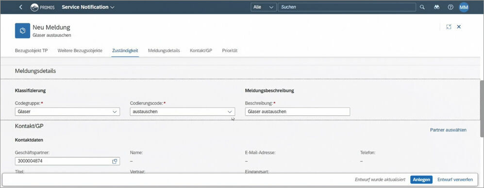 Figure 2: The report creation takes place using a tidy entry screen that focuses on the important things. Erfassungsmaske für die Schadensmeldung im Fiori Launchpad von PROMOS