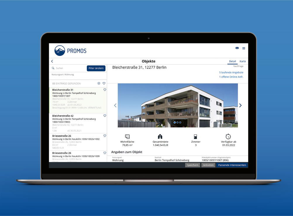 You can digitalise your rental processes with the easysquare rental solution. All real estate master data is synchronised in the application so that you can view your properties at any time and initiate marketing completely digitally – on your PC in the office or on the move on your mobile device. Das easysquare Vermietungstool deckt alle Aufgaben im Vermietungsprozess ab.