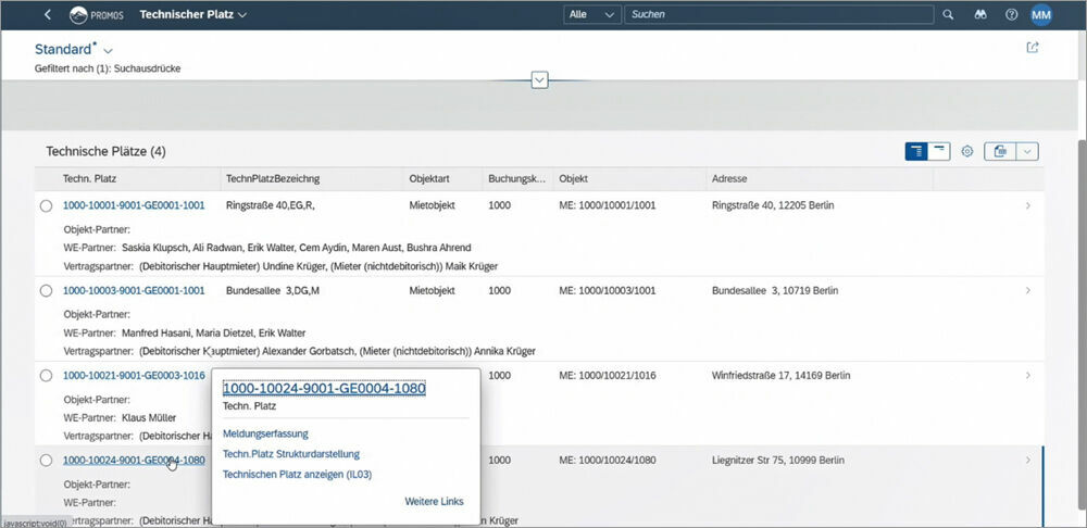 Figure 4: In the pop-up window, users can jump to other areas or adjust the links list according to their individual needs. Pop-up und Linklisten in der Fiori-Anwendung für die Schadenserfassung von PROMOS