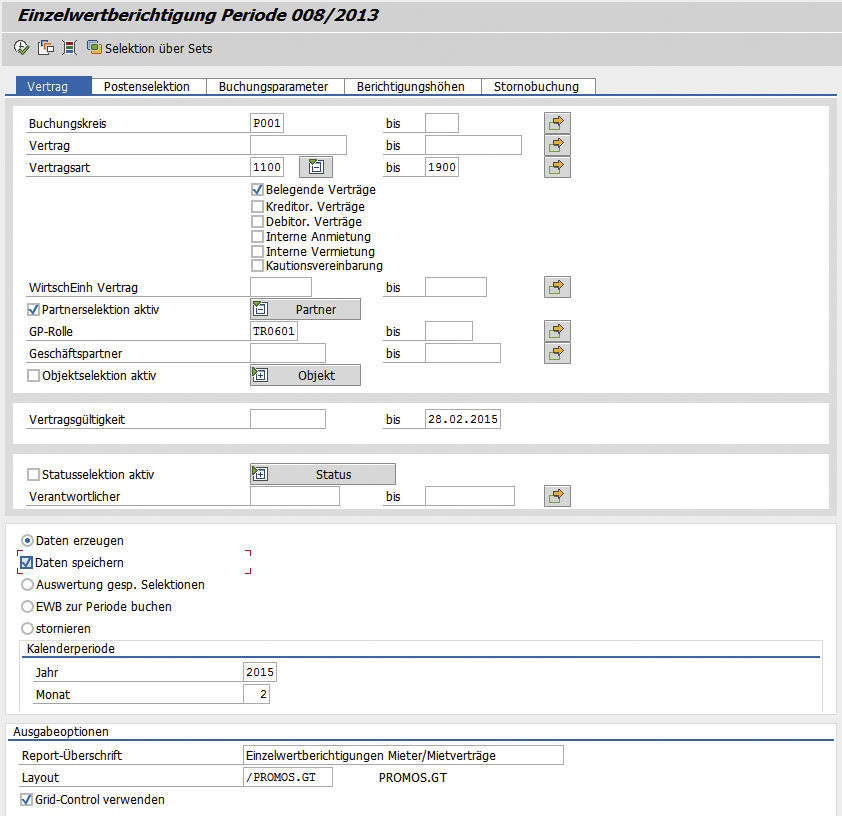 Figure 1: Initial screen with free selection using RE objects. PROMOS Einzelwertberichtigung: Einstiegsbildschirm mit freier Selektion über RE-Objekte