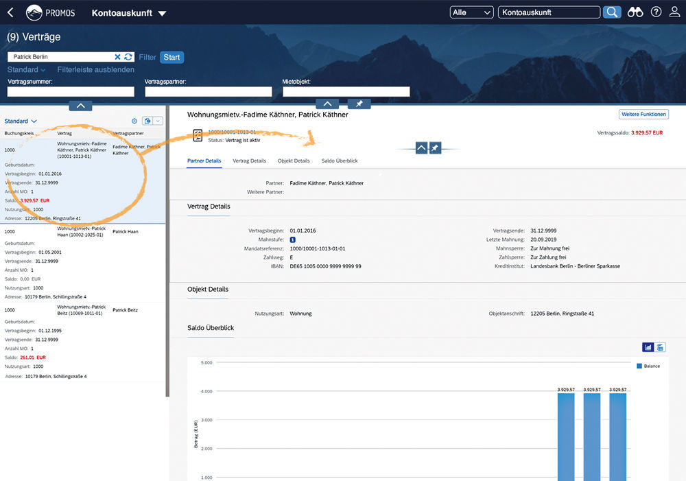 Figure 1: The global in-app search enables more accurate search results by combining several keywords. The results list remains as a reduced column for quick navigation through the search results in the processing window. Globale In-App Suche ermöglicht Kombination mehrerer Schlagwörter in der PROMOS Kontoauskunft für SAP Fiori
