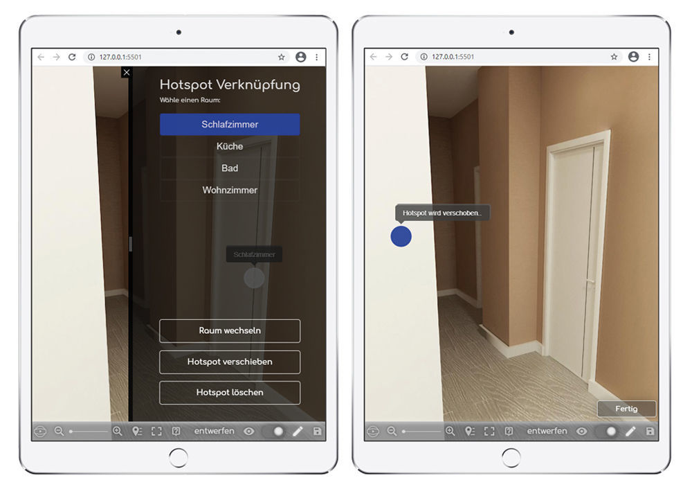Figures 4 and 5: In the landlord app’s design mode, hotspots can easily be linked to rooms. Entwurfsmodus zur Erstellung von 360-Grad Besichtigungen in der easysquare Vermietungslösung