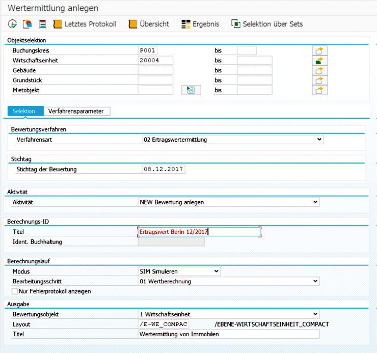Figure 2: On the entry screen, users can select the properties to be valued and define the valuation date, output mode and method parameters for the valuation. Einstiegsmaske zur PROMOS Beleihungswertermittlung