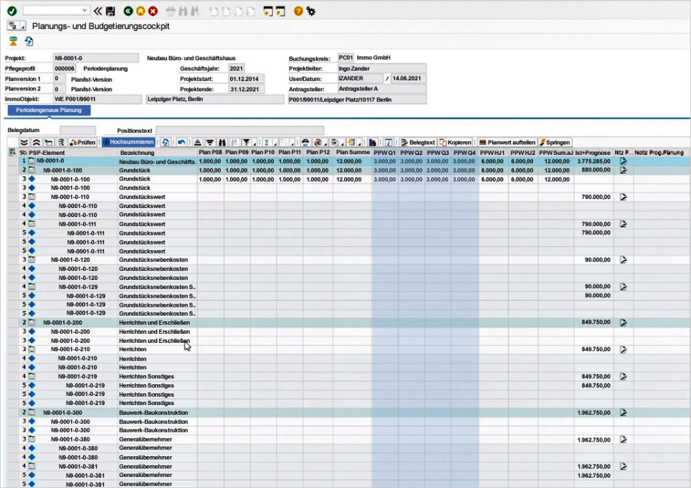 Figure 1: Budget planning can now be made even clearer based on periods. Periodenplanung von Baubudgets mit dem PROMOS Budgetcockpit für SAP