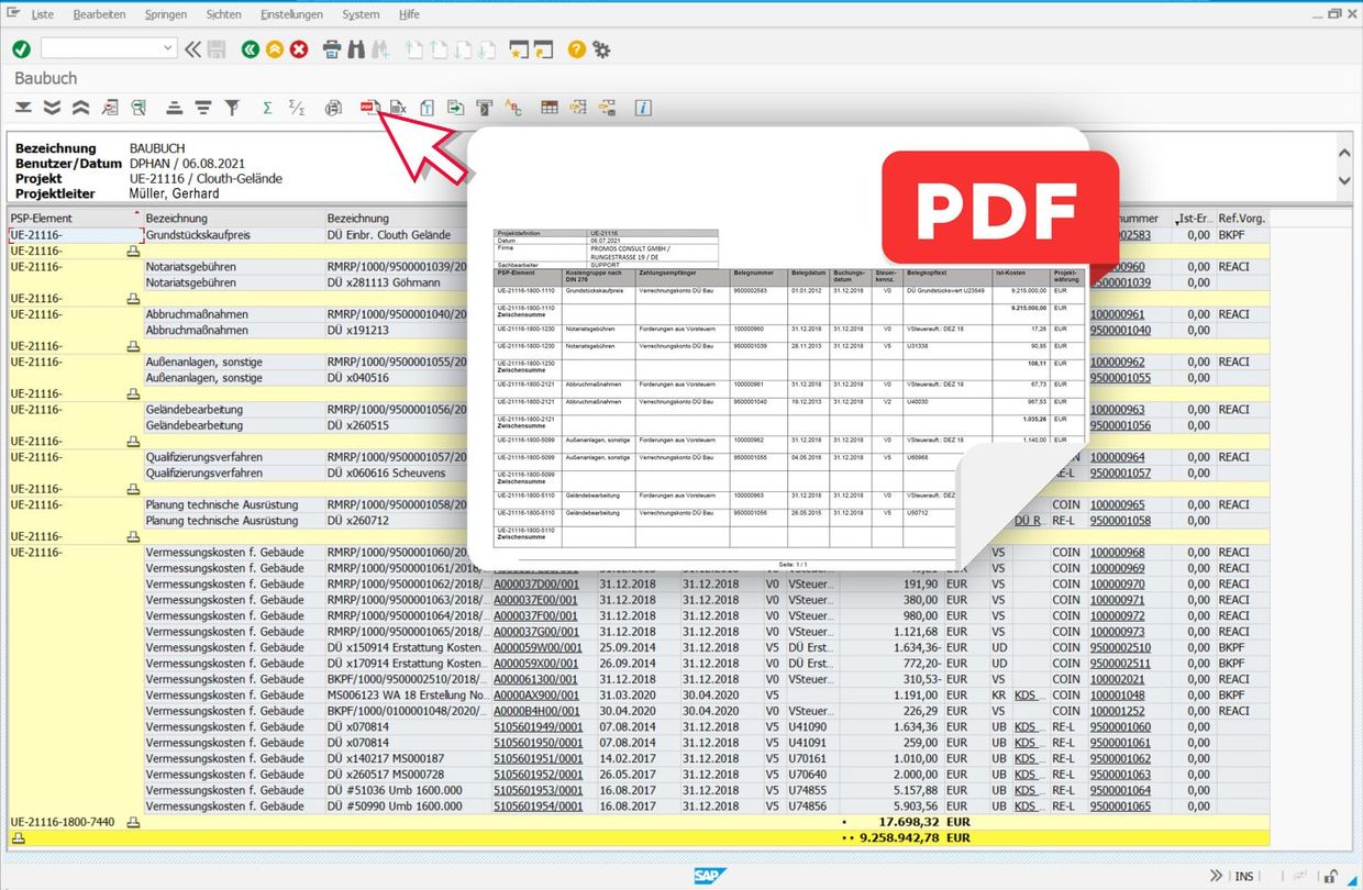 With a single click, the PROMOS construction account can be easily exported as a PDF file. The display is optimised for the format and contains all the necessary columns. Das PROMOS Baubuch kann per Klick als PDF exportiert werden.