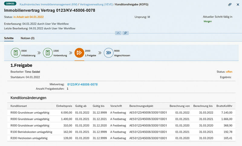 Figure 1: First release level of a condition change: The first version is documented in the header area. The processor of a change and the releaser must not be the same person. Freigabestufe einer Konditionsänderung im SAP der Peach Property Group
