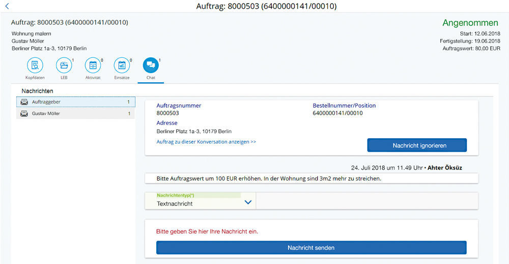 Figure 1: Chat with the client on the craftsmen portal. Chat mit dem Auftraggeber zum Auftrag im easysquare Handwerkerportal