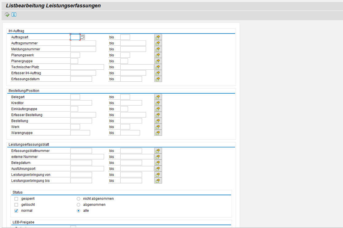 Selektionsbildschirm in der PROMOS Listbearbeitung Leistungserfassungen