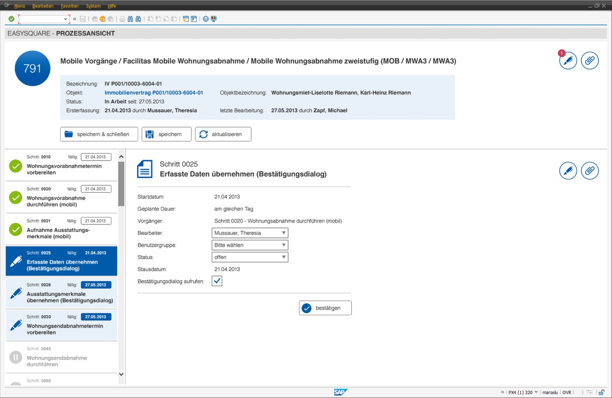 The personal work basket contains all tasks needed to be done. Regardless of which area of SAP® the employee is in, the work basket is available in every business area and provides a central overview of all processes to be executed (in this example from the area of maintenance/repair). Useful message boxes highlight the number of due task.