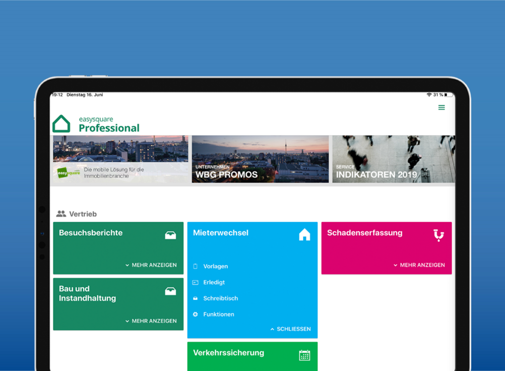 All property management scenarios can be simplified with digital processing in the easysquare Professional app – whether it's a change of tenant, legal safety precautions or the refurbishment of vacant properties. easysquare Professional App für das digitale Objektmanagement von Immobilien