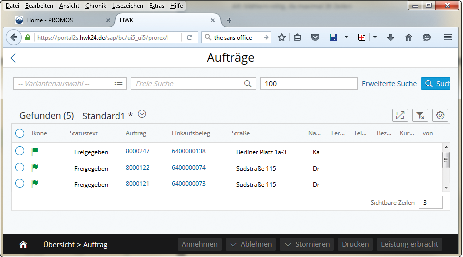 Abbildung 2: Die Anzahl der sichtbaren Zeilen kann frei bestimmt werden, anschließend wird durch die Liste gescrollt. Liste selektierter Aufträge im easysquare Handwerkerportal