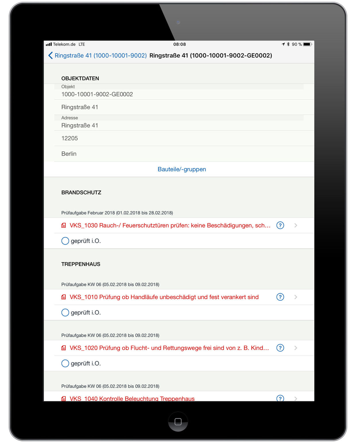 Mobile recording of the result of a fire safety inspection in the easysquare app Mobile Erfassung der Brandschutzbegehung in der easysquare mobile App