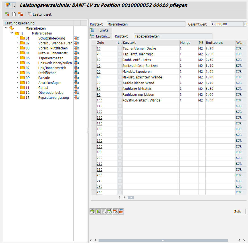Einkaufsbeleg mit Leistungsverzeichnis in SAP