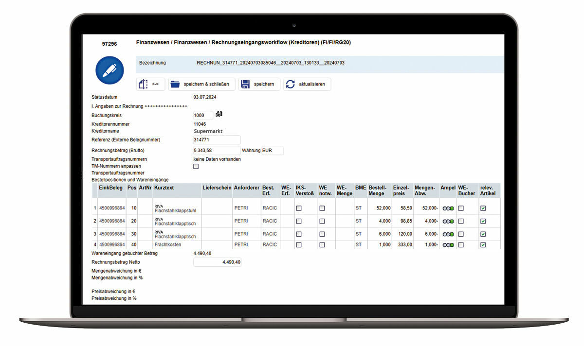 Figure 2: All orders are listed in the goods receipt monitor together with all important data, such as the goods receipt and order quantity and any quantity and price deviations, which are highlighted by the traffic light. Digitaler Wareneingangsmonitor als Übersicht sämtlicher Bestellungen für Großhandelsunternehmen