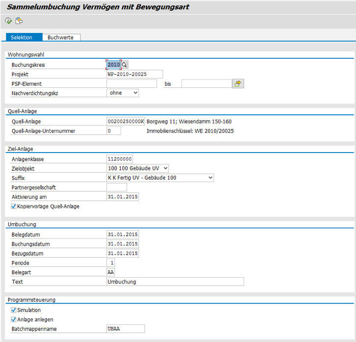 Selektionsmaske für die Sammelbuchung von Vermögen in der PROMOS Lösung zur Wohnungsprivatisierung in SAP