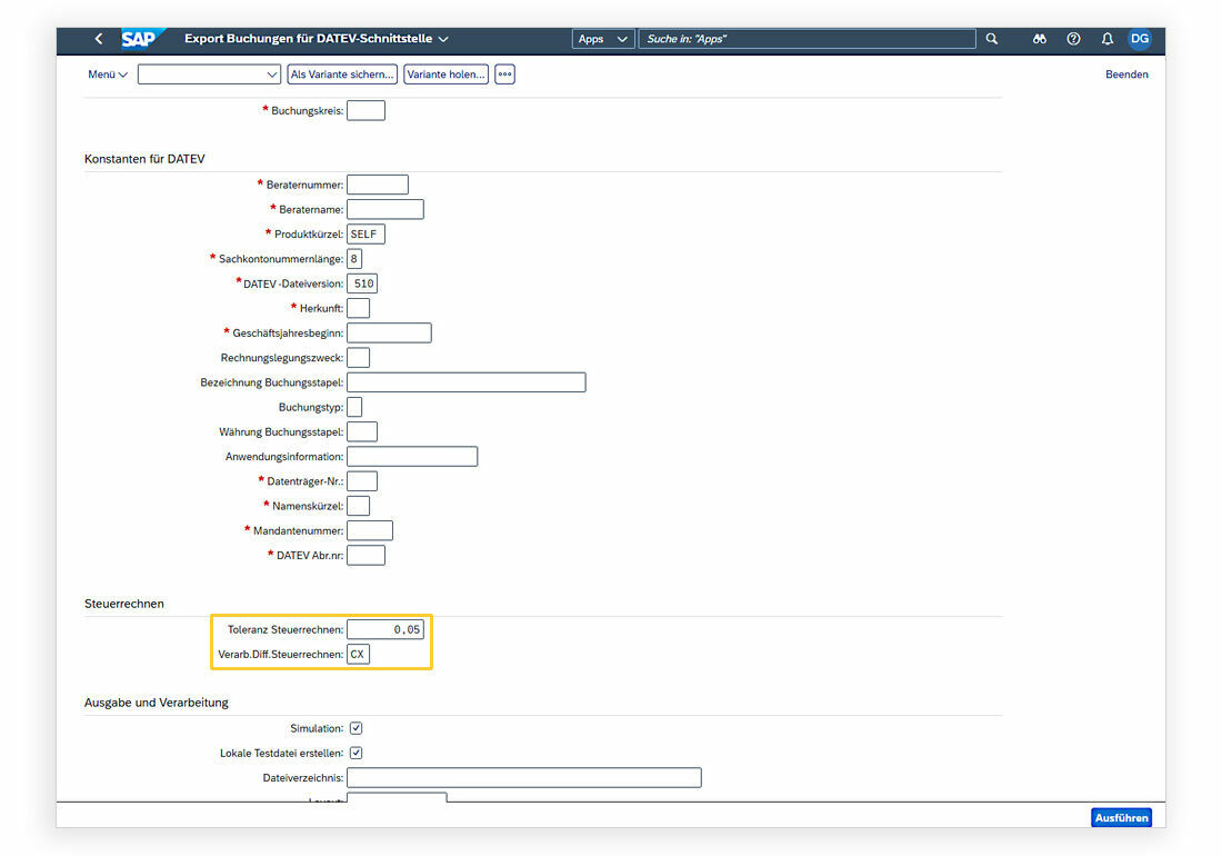 The tolerance range for deviations of a few cents in the tax calculation can be set on the clearly laid out input screen. Es kann nun eine Centabweichung in der PROMOS DATEV Schnittstelle festgelegt werden.