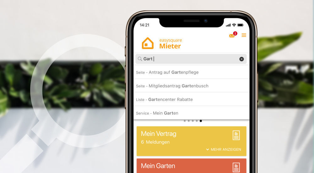 Figure 3: The search function delivers all results relating to the desired topic in no time at all. Globale Suche in der easysquare Mieter-App