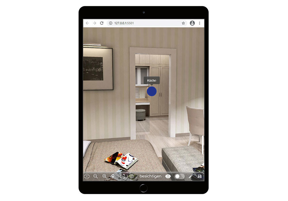 Figure 2: Feeling you are there from the comfort of your own sofa – viewing mode in the potential tenant app. Besichtigungsmodus im 360°-Rundgang der easysquare Interessenten-App