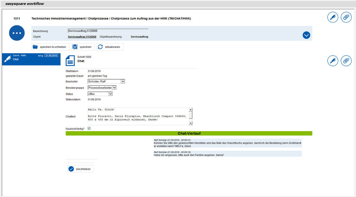 The employer receives requests to an order directly in easysuqare wokflow and can respond to those via chat message. Die neue Chatfunktion in easysquare workflow