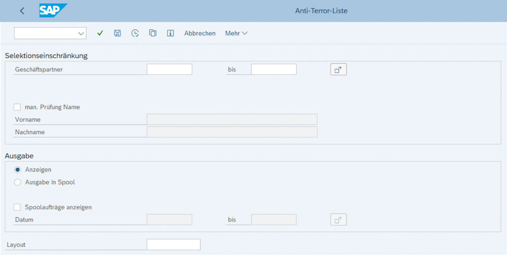 The selection screen on the Sanction List Search lets you define a targeted search for specific business partners or a complete comparison of all contacts. Die Selektionsmaske der PROMOS Sanktionslistenprüfung ermöglicht eine Konkretisierung der Suche.