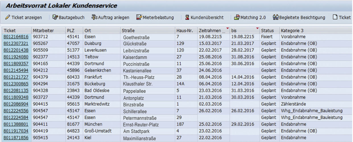 Der Arbeitsvorrat zur Bearbeitung offener Tickets und Aufgaben für den Vonovia Objektbetreuer im SAP ERP System