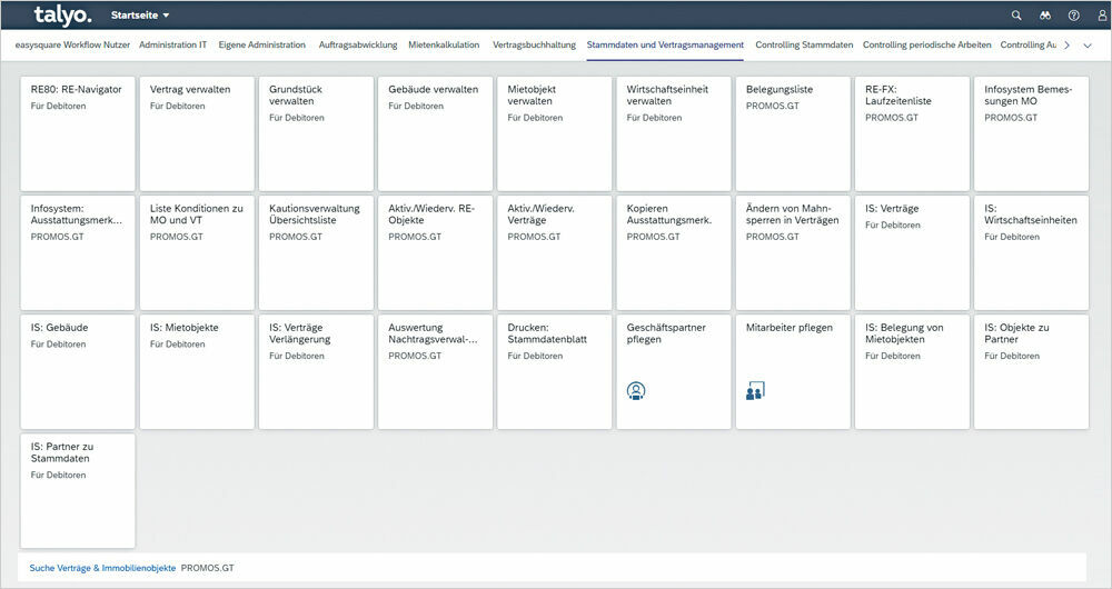 Figure 1: The main menu of the complete system with all important functions for building management. Hauptmenu vom PROMOS Komplettsystem bei der Talyo