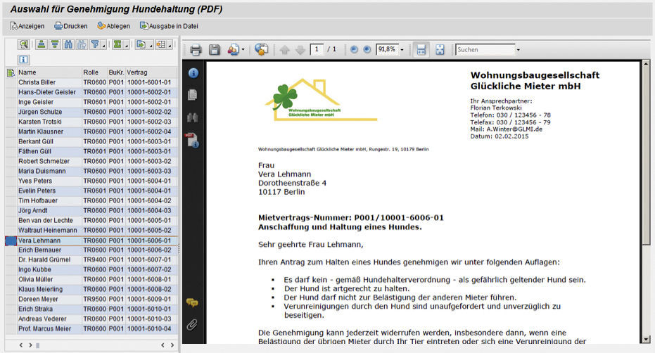 Ansicht einer Korrespondenz in OpenPromos® Corporate Correspondence