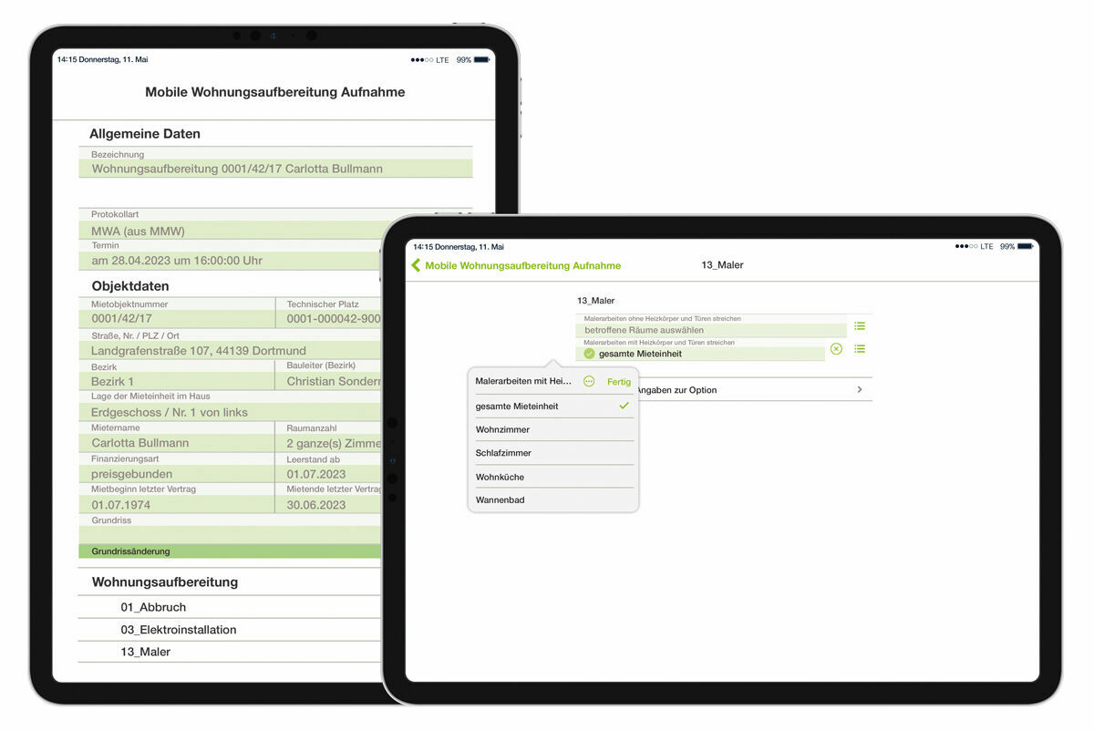 Figure 1: All the important information for rough planning, such as technical details and the trades for vacant apartment refurbishment, can be called up using a tablet (left). Clicking on the tab takes the user to the options for the individual trades (right). Die mobile Wohnungsaufbereitung (Leerwohnungssanierung) bei der DOGEWO21 mit der easysquare App