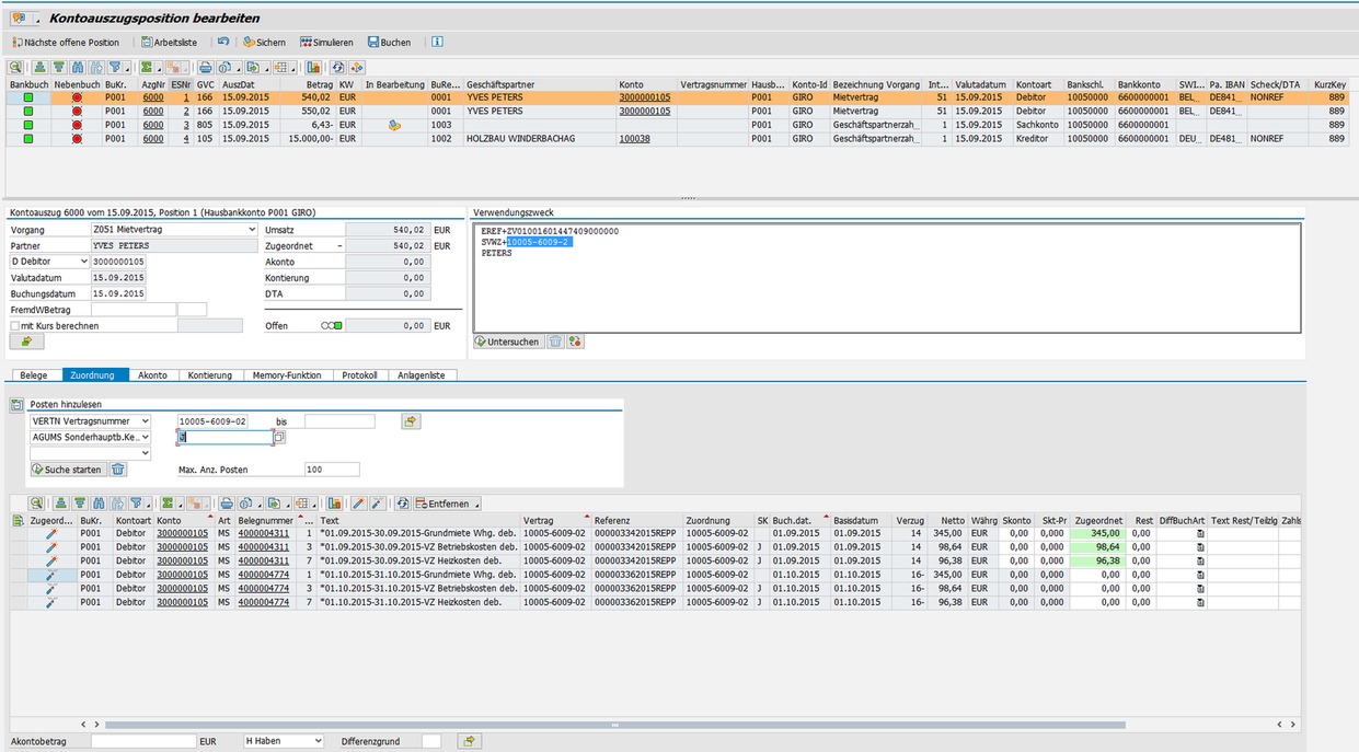 Single screen transaction with work list, detailed section and tab pages incl. entering possibility based on the assigned process. Einbildtransaktion mit Arbeitsleiste, Detailbereich und Registerkarten inkl. Kontierungsmöglichkeit auf Basis des zugeordneten Vorgangs