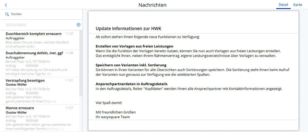 Figure 10: Product information in the message service in the craftsmen portal. Produktinformation im Nachrichtendienst des easysquare Handwerkerportals