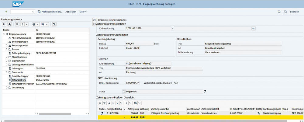 Figure 3: The payment flow is shown along with the status (posted/non-posted). Abbildung des Zahlungsstroms in der SAP-Lösung für die digitale Rechnungseingangsverarbeitung von Aareal und PROMOS consult