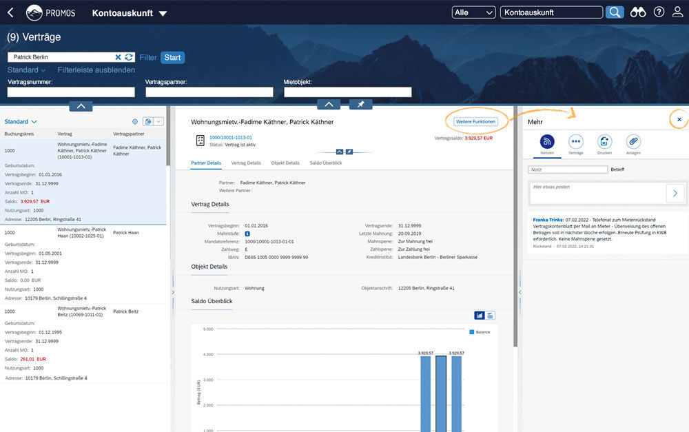Figure 3: More functions for property management, such as a notes service or the generation of correspondence, are integrated into the PROMOS account report via a third column. It can be shown and hidden as desired. Funktionen wie ein Notizen-Service oder die Erzeugung von Korrespondenzen sind in der PROMOS Kontoauskunft für SAP Fiori integriert