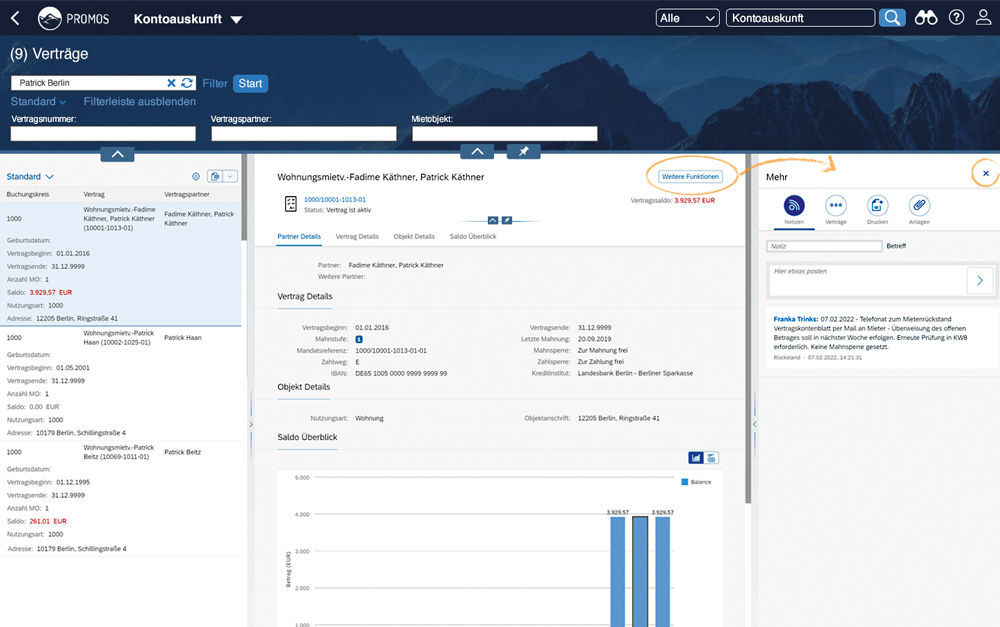 Funktionen wie ein Notizen-Service oder die Erzeugung von Korrespondenzen sind in der PROMOS Kontoauskunft für SAP Fiori integriert