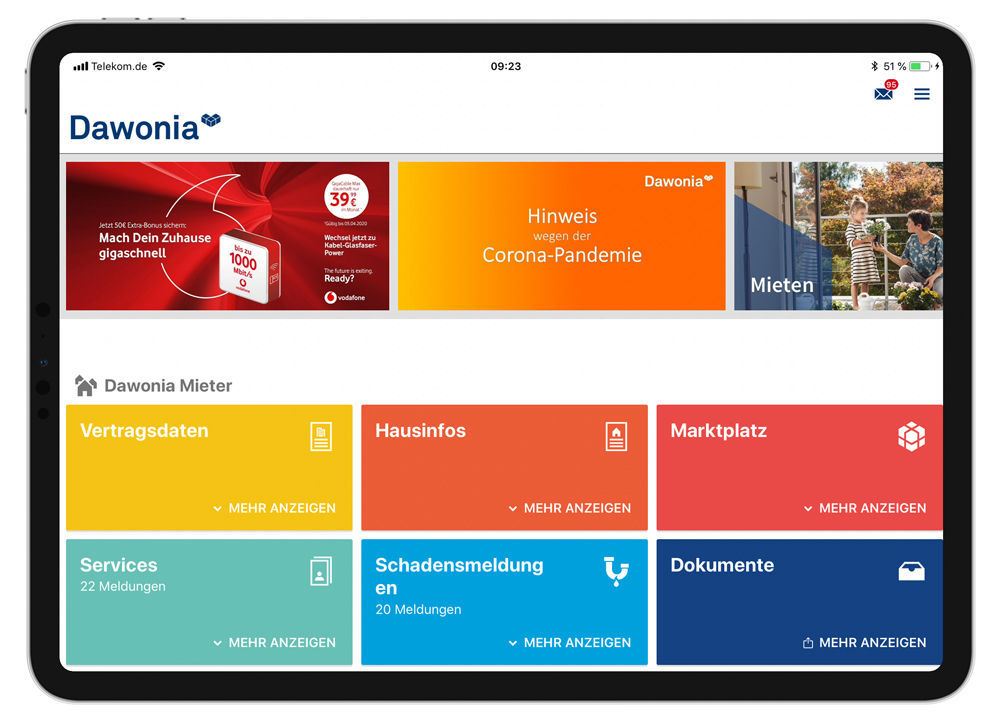 The easysquare tenant app at Dawonia contains a special tile that leads to information regarding the coronavirus pandemic. Das Karussell der easysquare Mieter-App kann flexibel angepasst werden.