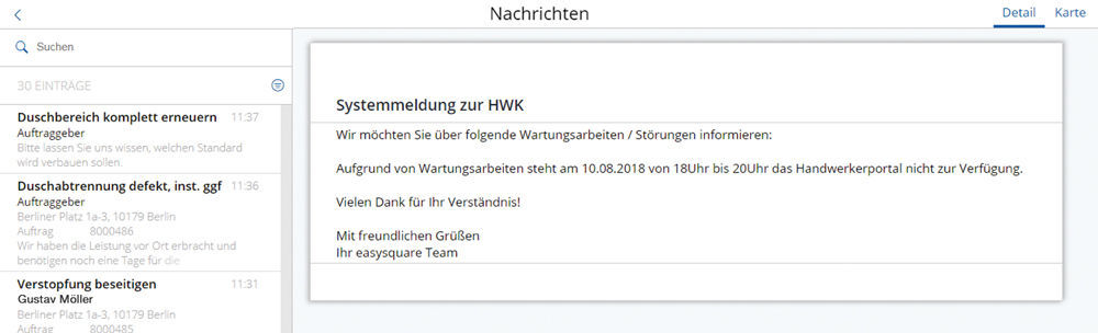 Figure 11: System message in the message service in the craftsmen portal. Systemmeldung im Nachrichtendienst des easysquare Handwerkerportals