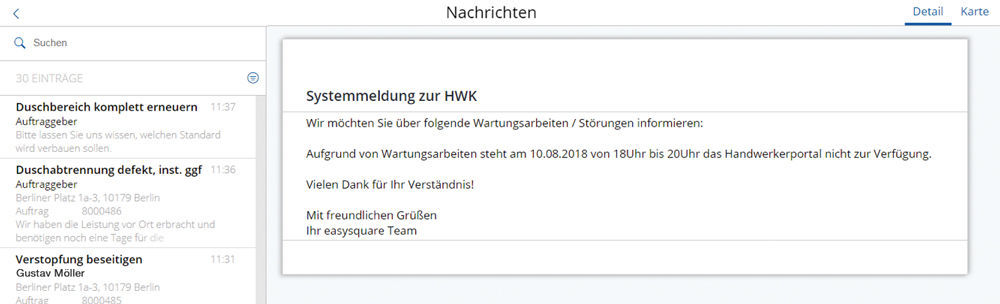 Systemmeldung im Nachrichtendienst des easysquare Handwerkerportals