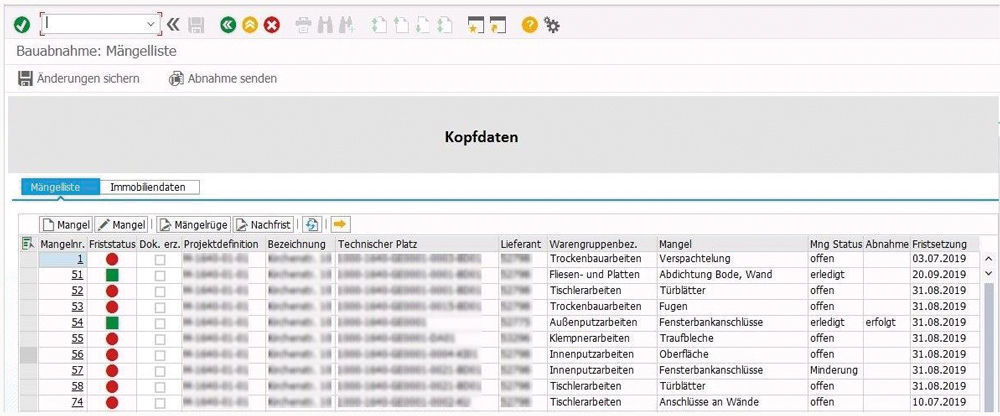 Figure 2: Anyone who likes lists will love the defect cockpit. All defects entered on a mobile device are collected here in a condensed list and their status can be determined with just a glance. Mängel-Cockpit zur Nachverfolgung sämtlicher Mängel in SAP