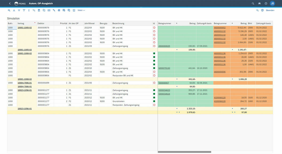 Ergebnisliste zum Ausgleich offener Posten