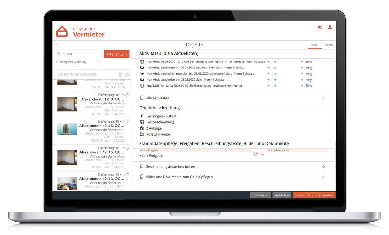 In easysquare rentals, advertisements can easily be placed in external portals, such as ImmobilienScout24 or eBay classified ads. In der easysquare Vermietung können Anzeigen per Knopfdruck in externe Vermietungsportale gestreut werden.