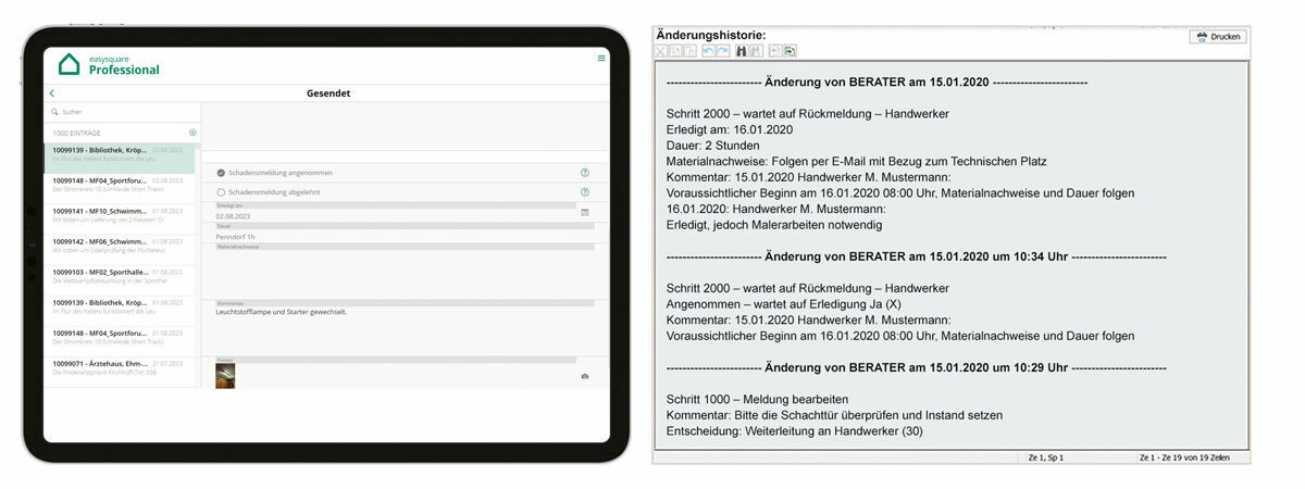 Figure 2: Feedback from the craftsperson via the app with photographic documentation. The change history can be seen in the notes for each step of the workflow. Rückmeldung des Handwerkers über die easysquare Professional App mit Fotodokumentation. Die Änderungshistorie ist in den Schrittnotizen des SAP Workflows einsehbar.