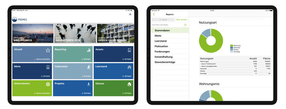 Figure 1: The reporting app clearly displays all crucial key performance indicators and assessments of the portfolio. Five types of diagram are available for the graphic visualisation. easysquare Reporting-App zur Auswertung von Immobilienkennzahlen und Portfolien