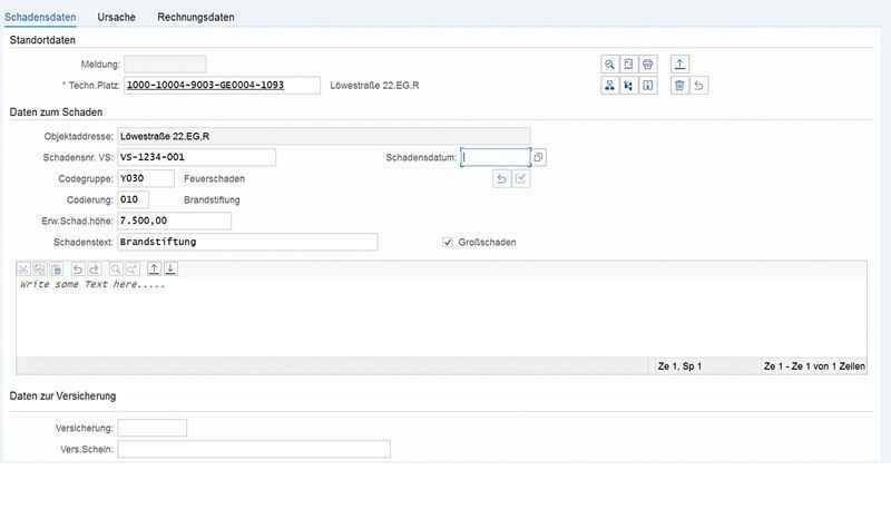 Figure 1: In SAP ® , all relevant data regarding damage can be recorded easily and conveniently on a fast entry screen. Schnellerfassungsmaske für die Schadenserfassung im easysquare Versicherungsportal