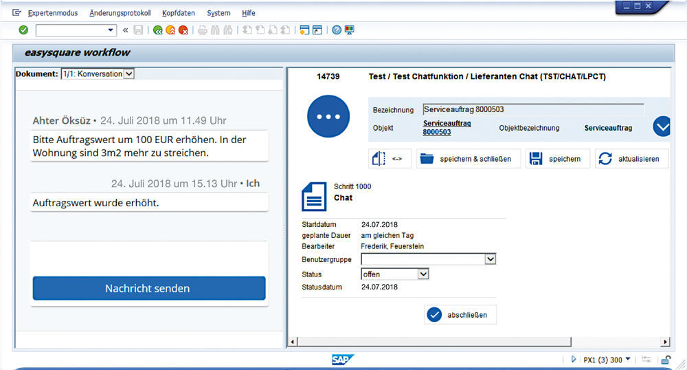 Figure 2: Chat with the client in easysquare workflow in SAP ® . Chat mit dem Auftraggeber zum Auftrag in easysquare workflow in SAP®