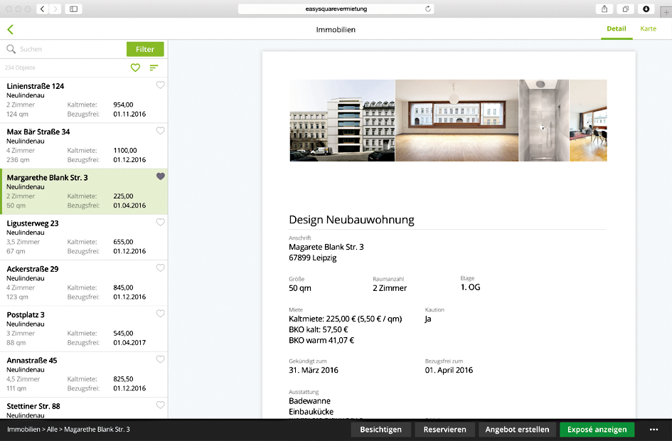 Figure 3: “Real estate” service with the property master data – displayed in the web app (desktop access). Der Dienst "Immobilien" mit den Objektstammdaten in der easysquare Vermietungslösung, hier Darstellung in der WebApp (via Desktopaufruf)