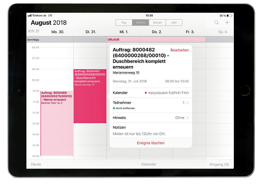 Figure 7: Appointment in the easysquare calendar. Einsatz im easysquare Kalender