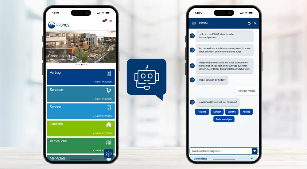 The PROMOS chatbot handles tenant inquiries securely and effortlessly – via website or Tenant App – fully integrated into your SAP ® system.  Mit dem Chatbot von PROMOS können Mieteranfragen sicher und zufriedenstellend automatisiert aufgenommen werden.